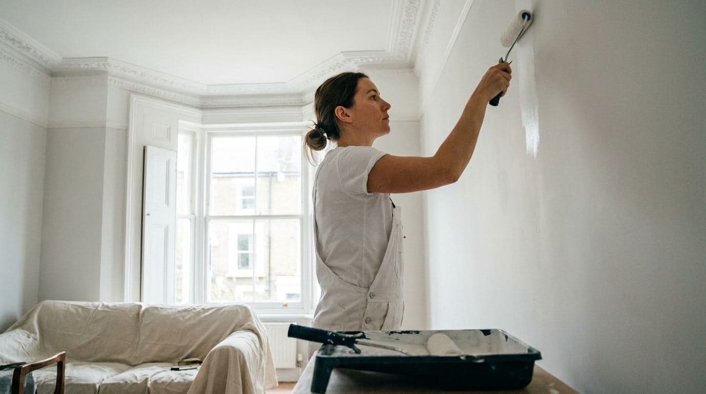 Decorator painting an elegant period London living room with cornicing and sash windows