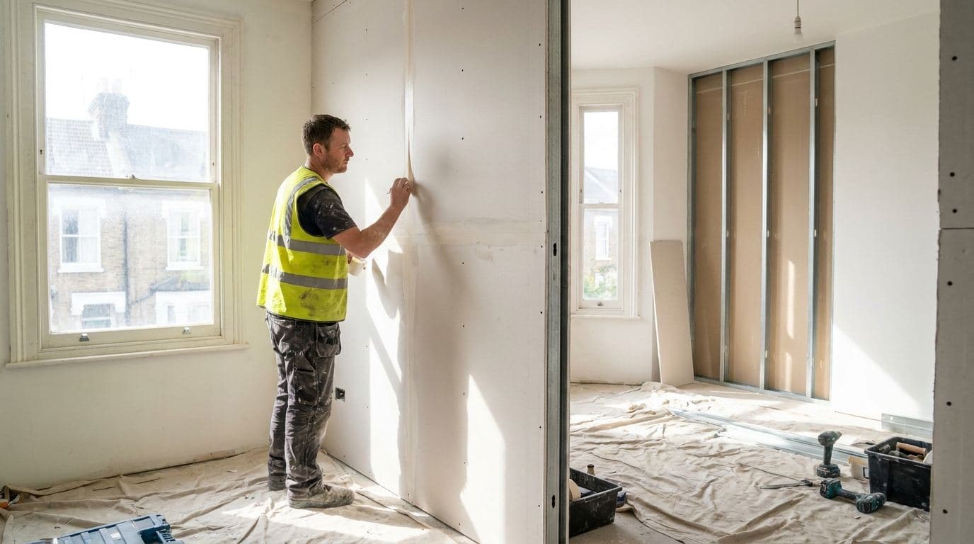 Tradesman taping and jointing a new plasterboard partition wall on a London project