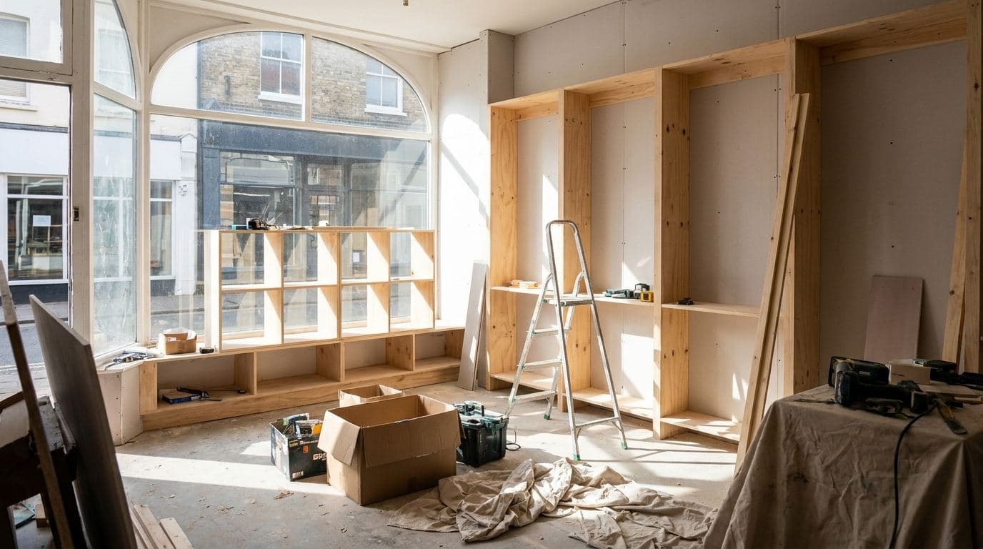 UK high street shop unit mid fit-out with new display units and plasterboard walls