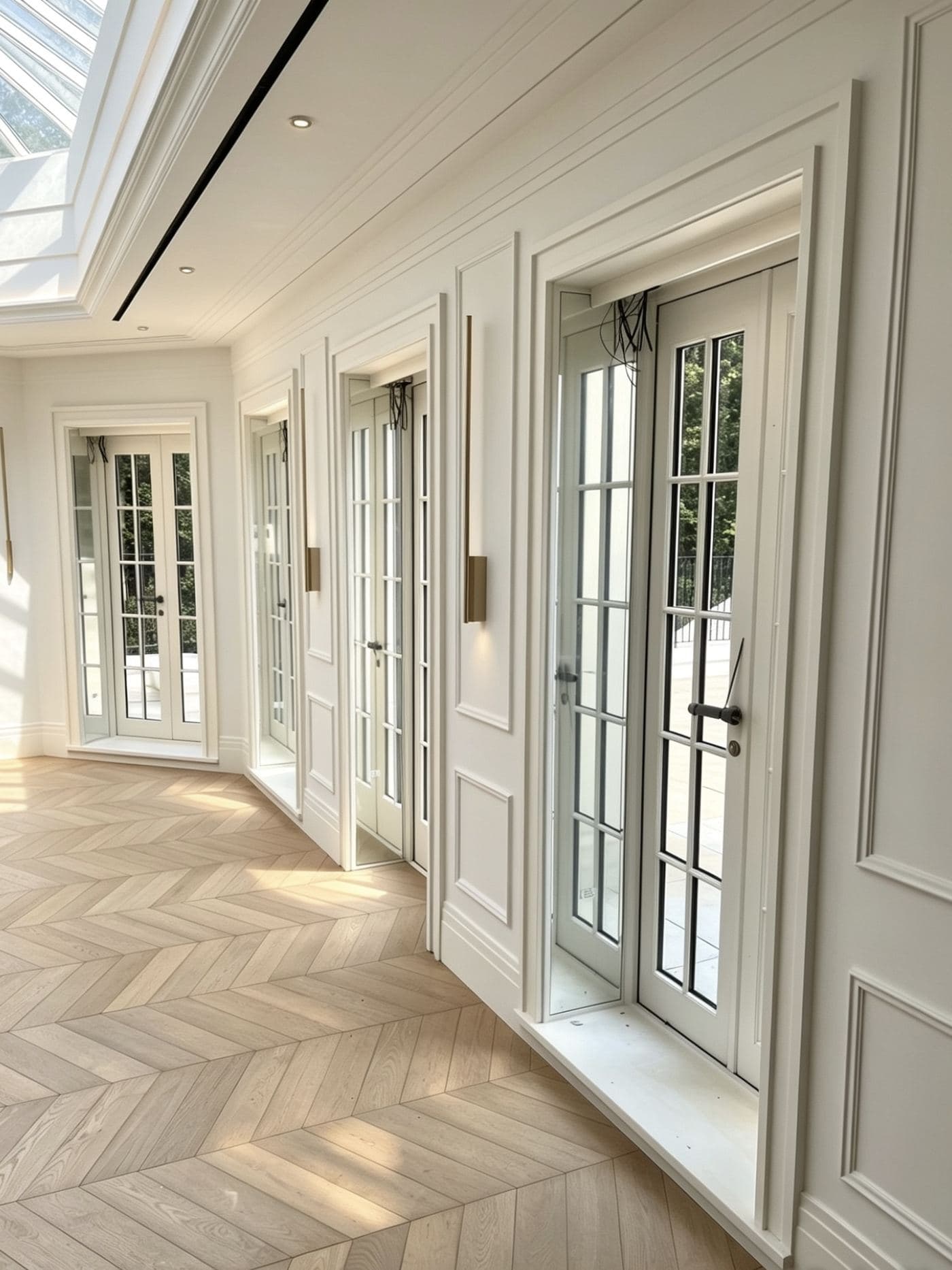 Decorated reception room with French doors and parquet