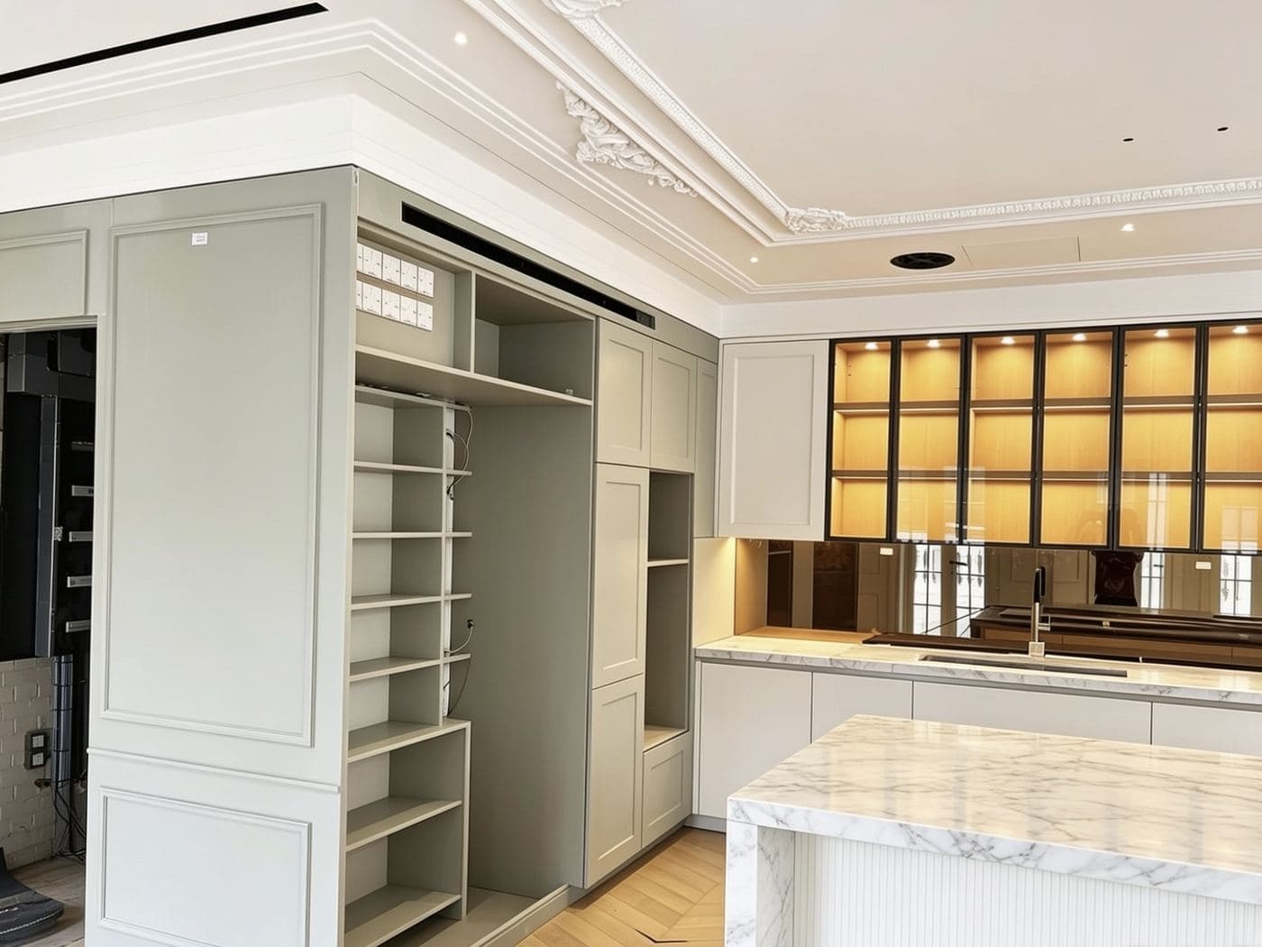 Bespoke fitted kitchen joinery with backlit display cabinets, installed by Avex in London