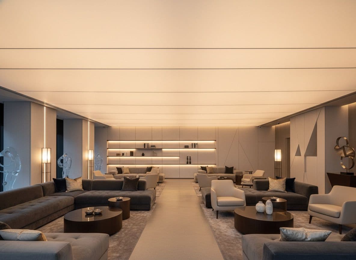 Backlit illuminated fabric stretch ceiling glowing above a modern luxury lounge